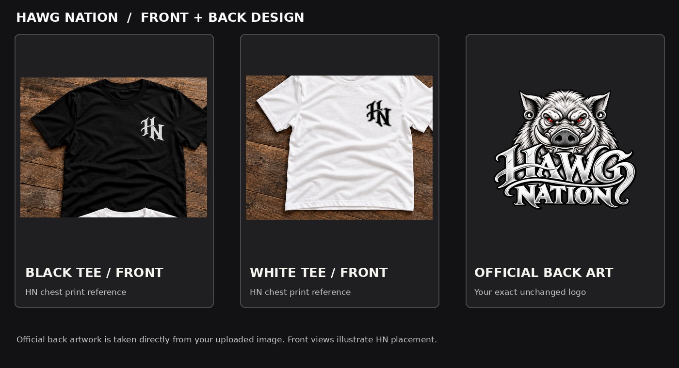 Approved front and back Hawg Nation shirt artwork showing the new HN chest design and official back art