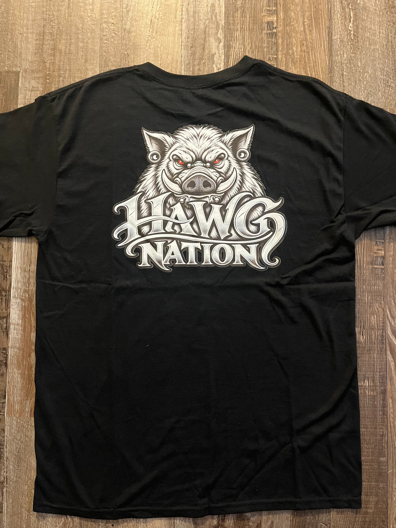 Real black Hawg Nation T-shirt showing official logo printed on the back