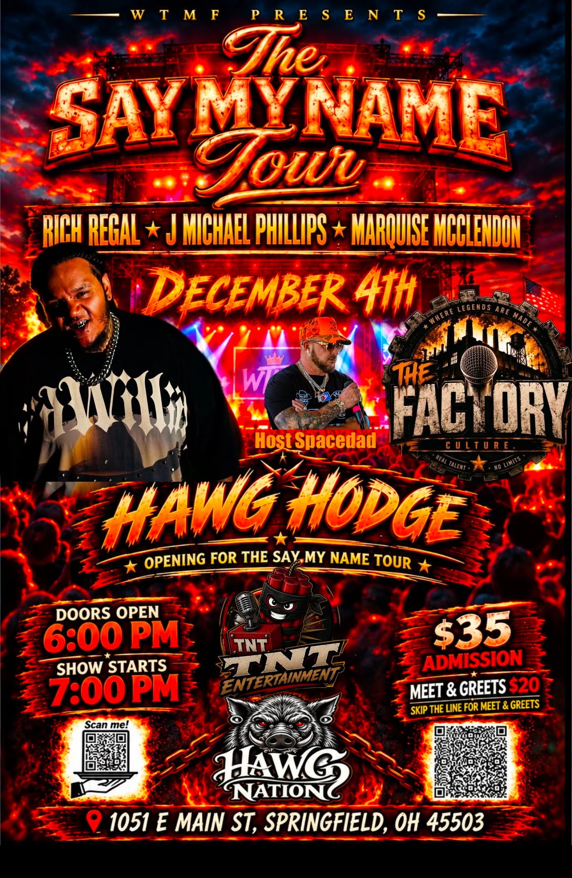 The Say My Name Tour flyer featuring Hawg Hodge opening on December 4
