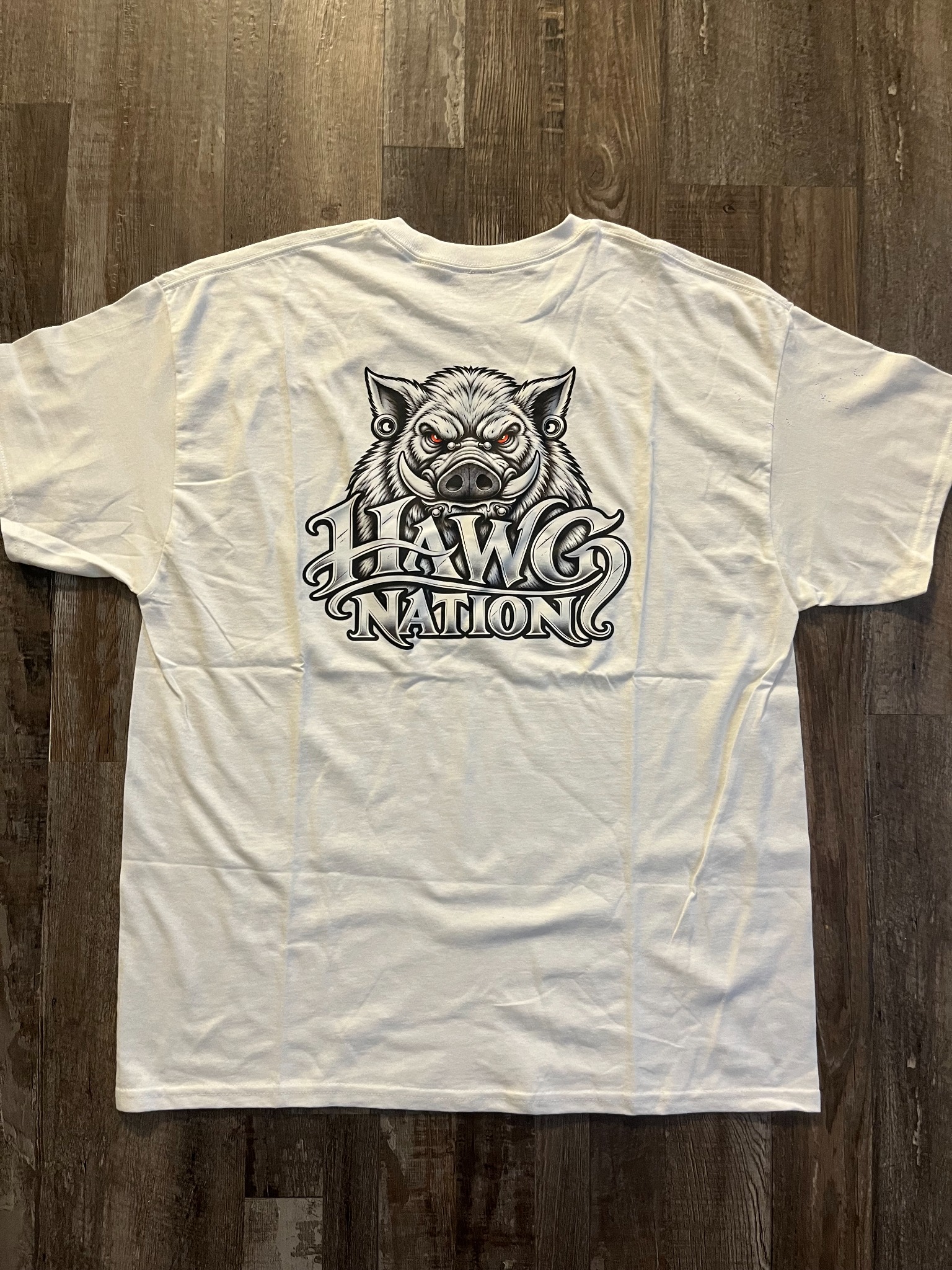 Real white Hawg Nation T-shirt showing official logo printed on the back